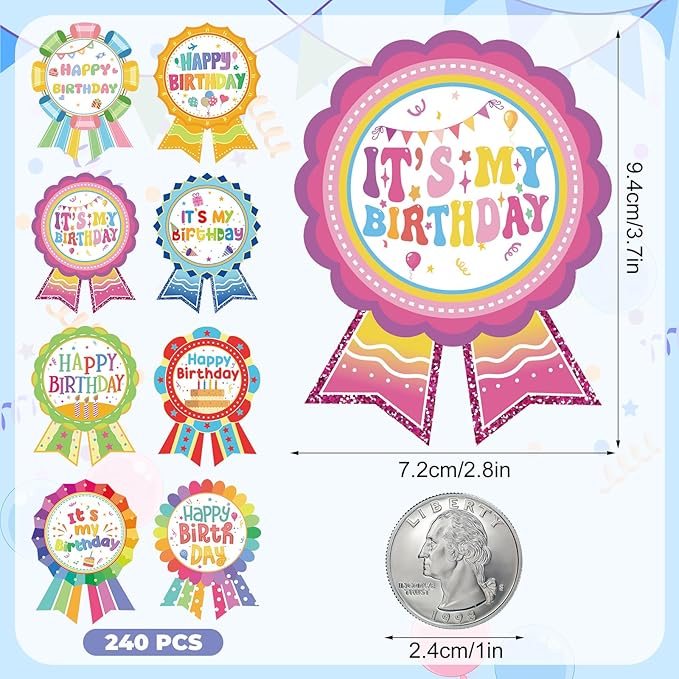 240 Pcs Happy Birthday Badge Stickers, It's My Birthday Stickers for Kid Home Classroom Party Decoration (2.8×3.7 inch)