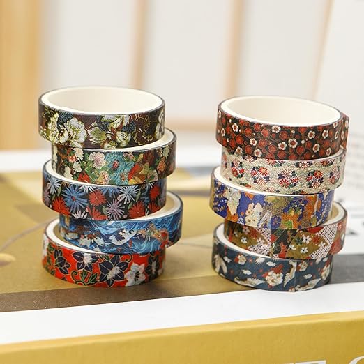 10 Rolls Ukiyo-e Style Washi Tape Set Japanese Kyoto Arts Adhesive Tapes Skinny Decorative Masking Tape Sets for Craft, Kids, Scrapbook, DIY, Gift Wrapping (Edo Elegance)