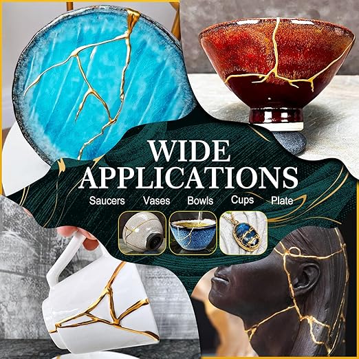 Kintsugi Repair Kit, Upgraded Food Safe Gold & Silver Kintsugi Kit for Broken Ceramics Kintsugi Gold Glue, Ceramic Glue for Pottery, Fast Curing Ceramic Repair Resin for Bowls, Cups, Vases, Saucers