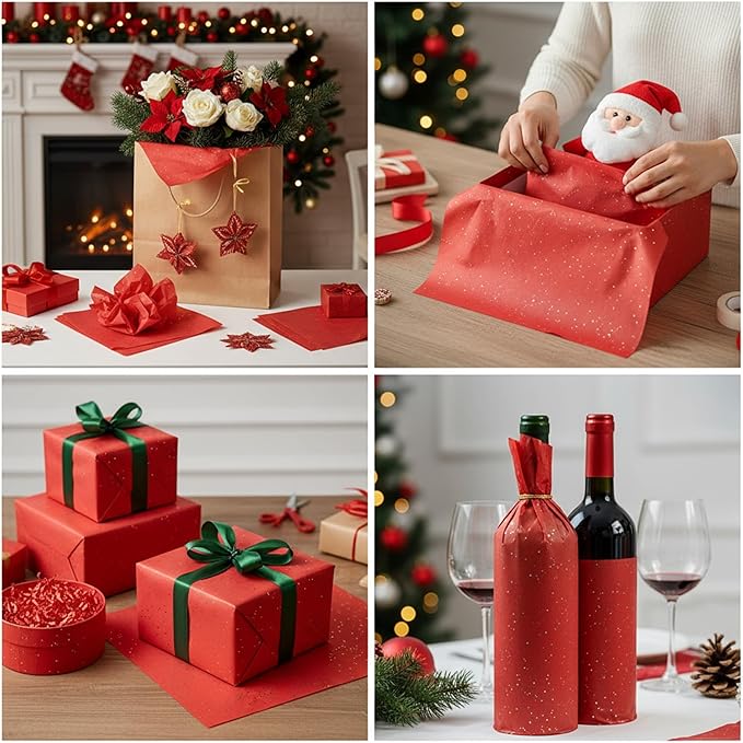 Qilery 500 Sheets Glitter Red Tissue Paper Bulk 15 x 20 Inch Valentine's Day Sparkle Wrapping Paper for Gift Bags Acid Free Tissue for Chinese New Year Craft, Bouquet, Garland, Forming Pompom, Wedding