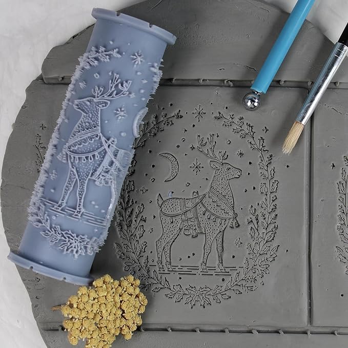 Reindeer Clay Texture Roller (4") - Christmas Set #01 - Embossing Pattern Roller for Polymer & Ceramic Clay, Pottery & Crafts