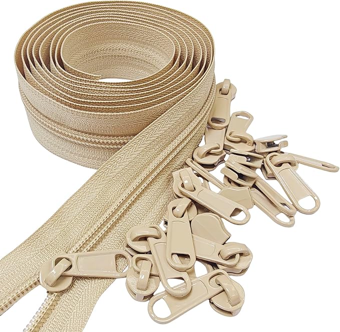 MebuZip #5 Nylon Coil Zippers by The Yard Bulk Zipper Roll Zipper Tape 10 Yards with 25pcs Pulls for Sewing Tailor DIY Craft Bags Pillows (Beige 10Yards)