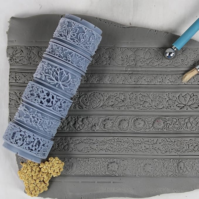 Botanical Tapestry Clay Texture Roller (4") - Seamless Border Set #01 - Embossing Pattern Roller for Polymer & Ceramic Clay, Pottery & Crafts