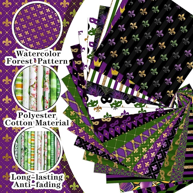 20 Pcs 10''x10'' Mardi Gras Quilting Fabric Square Bundle Lily Flowers Masquerade Precuts Quiltted Fabric Purple Green Gold Printed Patchwork Supplies for DIY Material Sewing Crafts