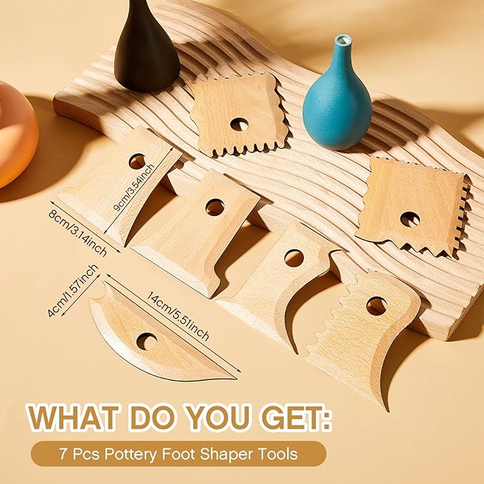 Amylove 7 Pcs Pottery Tools Pottery Foot Shaper Trimming Tools Profile Rib Bundle Foot Shaper for Ceramics for Carving Clay Molds Clay Texture Ribs Ceramics, Beech Wood (Wood Color)