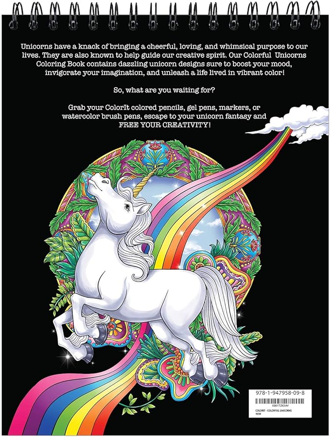 ColorIt Colorful Unicorns Adult Coloring Book - 50 Single-Sided Pages, Thick Smooth Paper, Lay Flat Hardback Covers, Spiral Bound, USA Printed, Hand Drawn Unicorn Coloring Pages