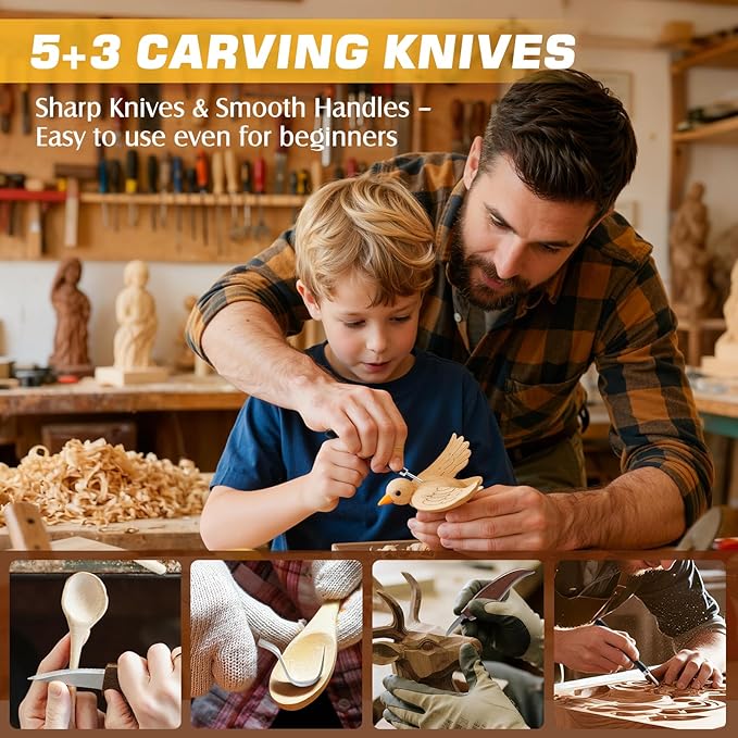 Housolution Wood Carving Kit with Leather Case, 24PCS Wood Carving Tools Whittling Kit Includes Carving Knives Carving Chisels Basswood Blocks Spoon Gloves, Woodworking Tools for Beginners DIY Hobbies