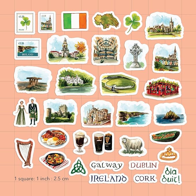 Navy Peony Emerald Ireland Travel Stickers (34pcs) - Watercolor, Waterproof, Irish Themed Vacation Decals for Journals, Scrapbooks, Tumblers