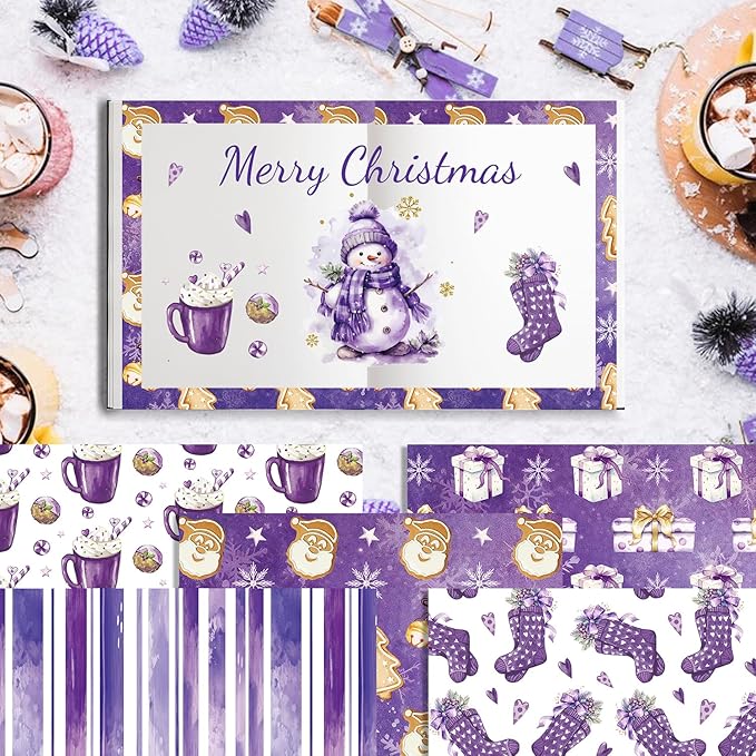 24 Sheets Christmas Scrapbook Paper 12'' × 12'' Double-Sided Watercolor Xmas Purple Pattern Paper Decorative Art Cardstock for Holiday DIY Crafts Card Making Scrapbook Supplies