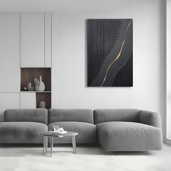 NANKAI Art Hand Painted Black and Gold Texture Minimalist Oil Painting Home Wall Deco Art Painting 36x24 inches