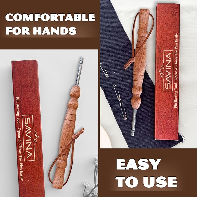 Savina Pin Basting Tool - Opens & Closes The Pins Easily, Saves Your Finger When Pinning Quilt - A Handcrafted Sewing Tool for Quilters & Sewers.