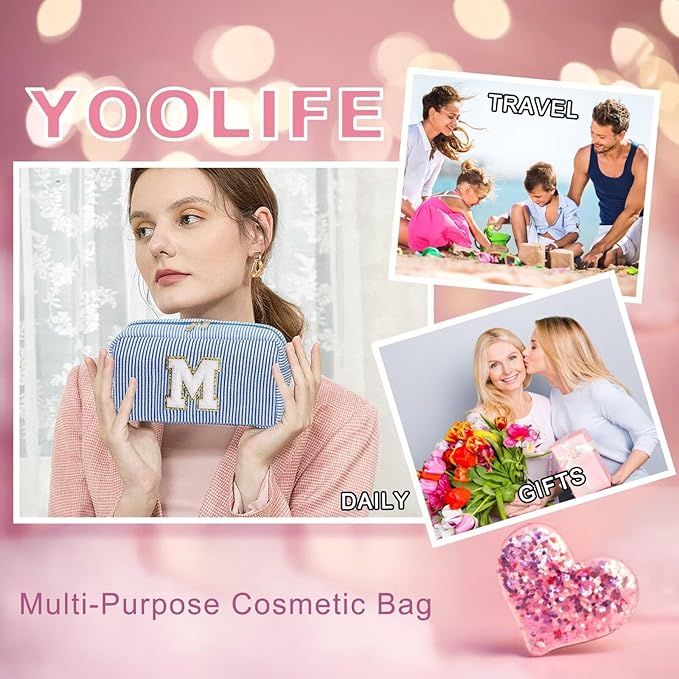 YOOLIFE Bridal Shower Gifts - Bridesmaid Bag, Bridesmaid Proposal Gifts for Wedding Day, Bride to be Gifts, Maid Matron of Honor Gift, Bachelorette Party Favors, Blue Initial Makeup Bag Cosmetic Bag E