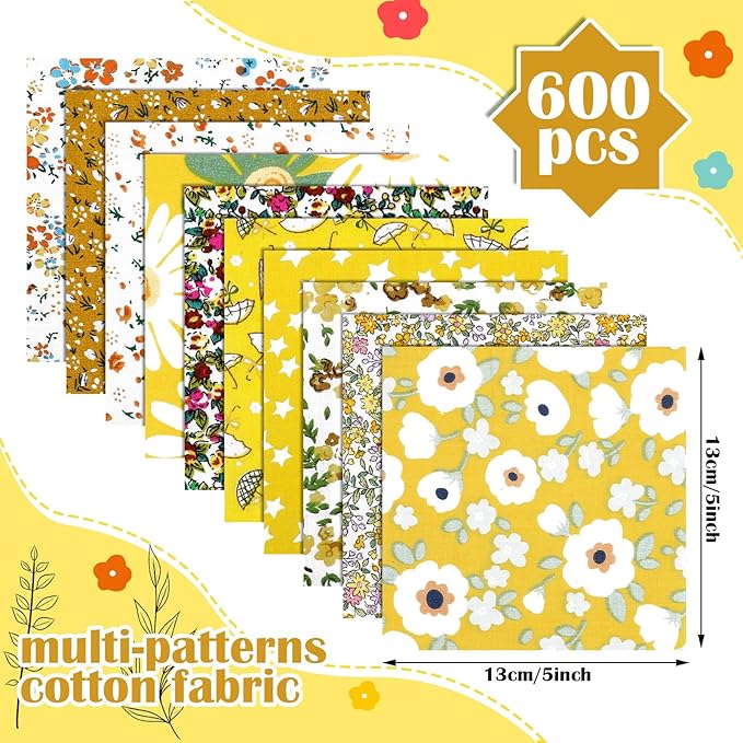 Kinlop 600 Pcs 5 x 5 Inch Floral Charm Packs for Quilting Yellow Flower Cotton Fabric Square Bulk Precut Fabric Squares Strips Printed Yellow Floral Patchwork for DIY Craft Sewing Accessory