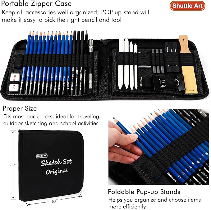 Shuttle Art Sketching and Drawing Pencils Set, 37-Piece Professional Sketch Pencils Set in Zipper Carry Case, Drawing Kit Art Supplies with Graphite Charcoal Sticks Tool Sketch book for Adults Kids
