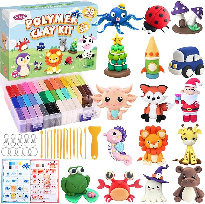 Polymer Clay Kit, 34 Colors Modeling Clay for Kids Adults, Funtopia Oven Bake Clay with Tutorial Book Sculpting Tools Storage Box for Sculpture, Crafting, DIY Projects, Jewelry Making(0.9oz/pc)