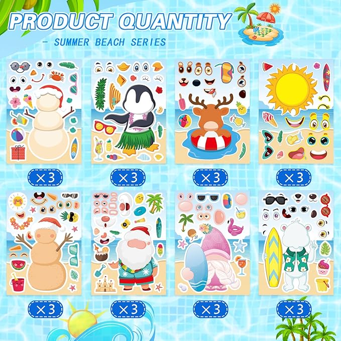 24 PCS Summer Stickers for Kids, July Christmas Make a Face Sticker, Make Your Own Sticker Sheets Chirstmas Santa Claus Hawaiian Tropical Style Stickers for July Party Games Decorations Supplies