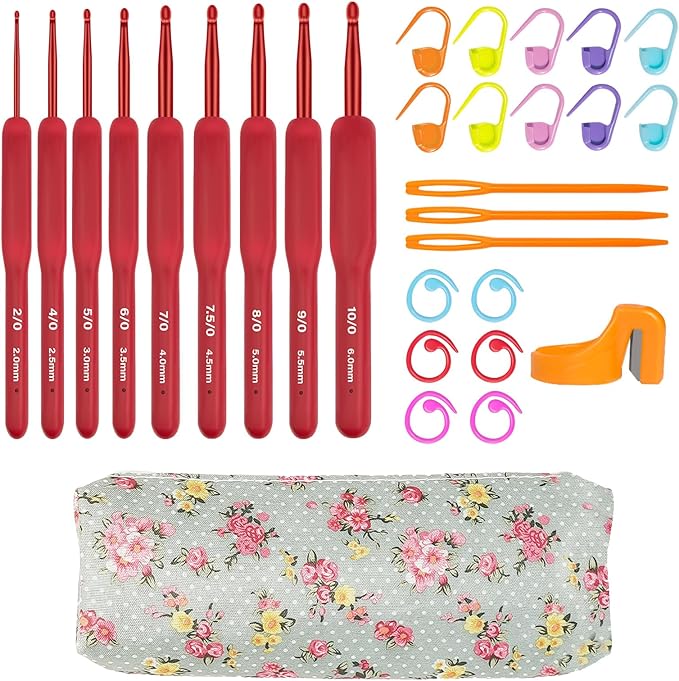 CLYAIYLC 30 Pcs Crochet Hook Set, Red 2-6mm Crochet Hook Ergonomically Designed for Arthritis Hands, Equipped with Knitted Crochet Supplies and Storage Bag, Suitable for Crochet Beginners/Enthusiasts