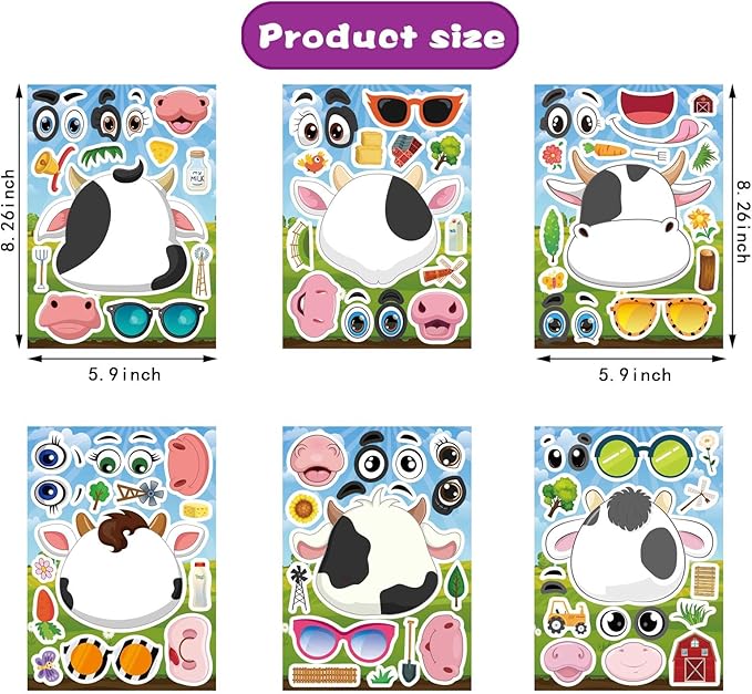 24 PCS Cows Stickers for Kids, Make-a-face Sticker Sheets Make Your Own Fram Animal Sticker for Kids Party Favor Supplies Craft