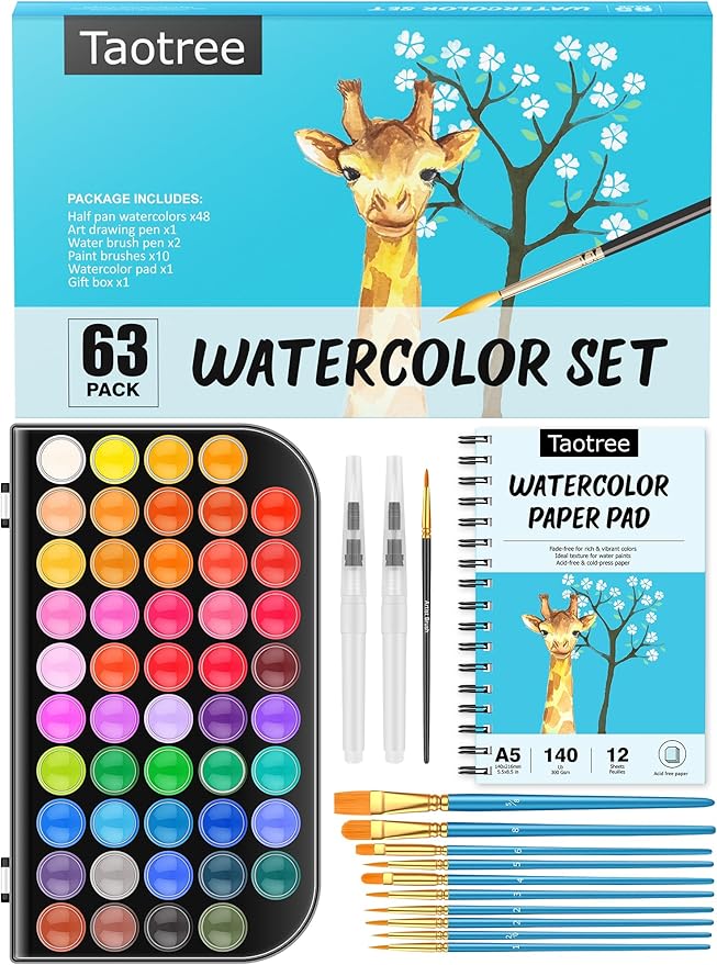 Taotree Watercolor Paint Set, 48 Colors Watercolors Kit Water Colors with 10 Paint Brushes, Brush Pens, Palette, Drawing Pad, Painting Supplies, Christmas Gifts for Adults Artist Drawing, Painting