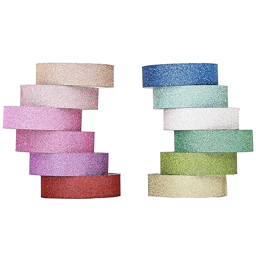 YUKUNTANG Glitter Washi Tape Set, 12 Rolls, 10mm x 66 Yards, Metallic Foil Sparkle Decorative Craft Tape for DIY Art, Scrapbooking, Journaling, Gift Wrapping