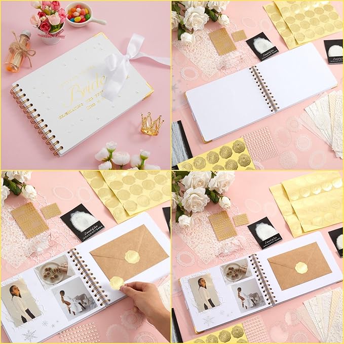 8.5 x 7 Inch Wedding Guest Book Letters to The Bride Scrapbook Wedding Memory Book Bridal DIY Blank Paper Scrapbook Photo Album Guest Sign with Pearl Stickers, Metallic Letters, Bows