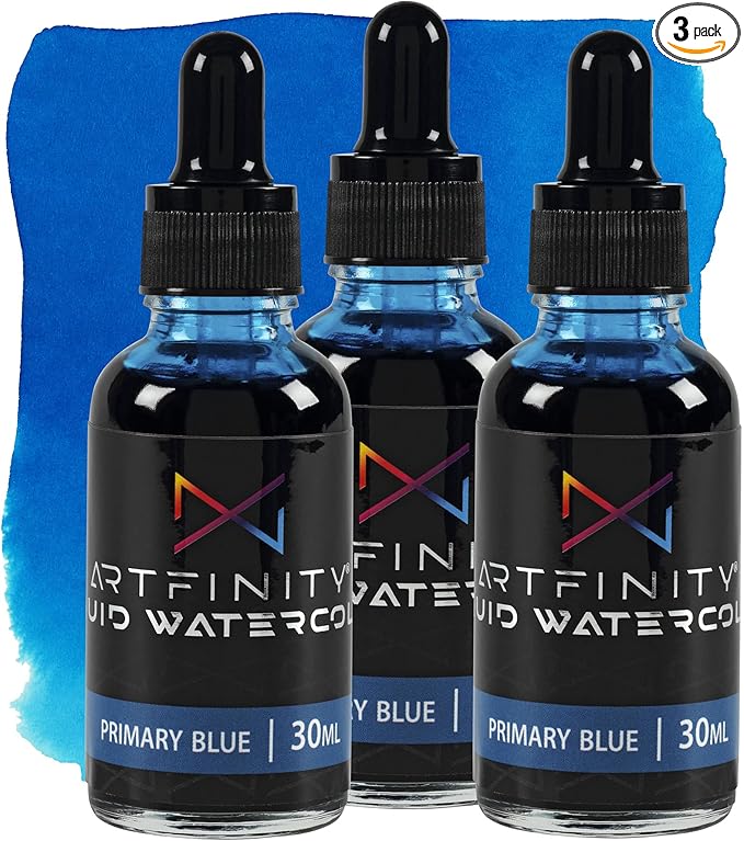 Liquid Watercolor Paint 30 ml Bottle - 3 Pack, Primary Blue - Vibrant Dye-Based Liquid Watercolor w/Glass Pipette, Fast-Drying, Fine Art Paint for Calligraphy & Airbrushing