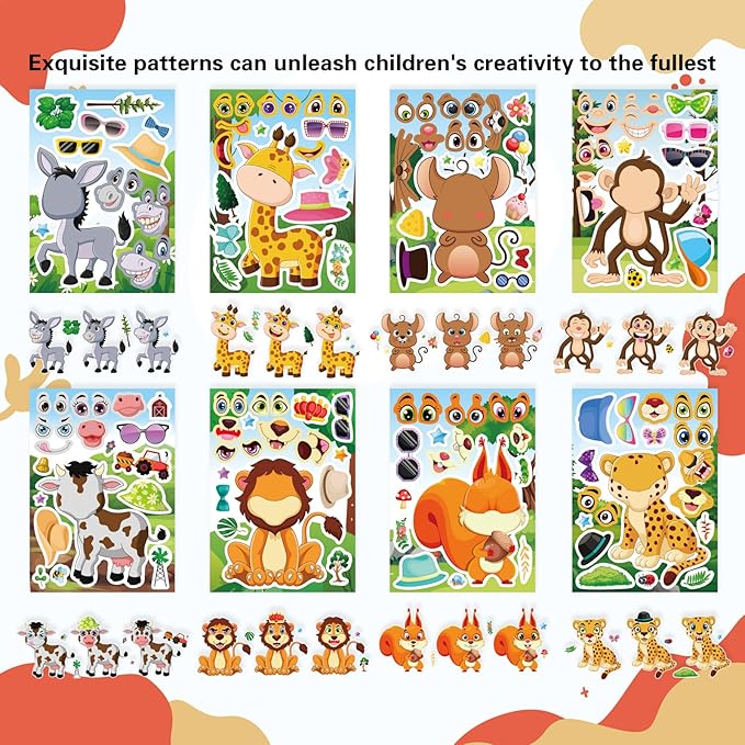 24 Sheets Animal Stickers for Kids Toddler, Jungle Animal Stickers Make-a-face Sticker Sheets Make Your Own Mix and Match Sticker for School Classroom Techer Reward Birthday Gift