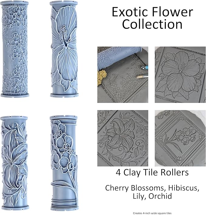 Exotic Flower Collection Clay Texture Rollers 4-Pack (4") - Flower Set #01 - Embossing Pattern Rollers for Polymer & Ceramic Clay, Pottery & Crafts