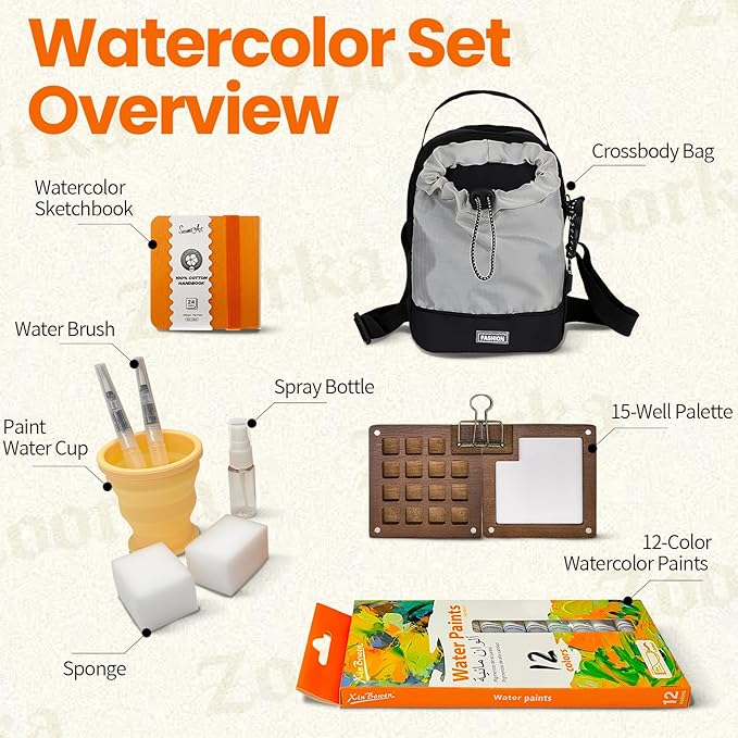 Zoorka Mini Watercolor Paint Set, Pocket Watercolor Set with 15-Well Walnut Wood Palette, Paints, Crossbody Bag, 100% Cotton Sketchbook, Paint Water Cup, Water Brush Ideal for Artists & Beginners
