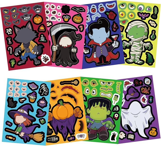 24 Sheets Halloween a Make Face Sticker – Monster Pumpkin Ghost Vampire Witch Mummy Vinyl Feature Stickers for Scrapbooking, Journaling, Collage & Seasonal Decor
