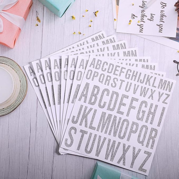 8 Sheet Glitter Letter Stickers Vinyl Alphabet Stickers Waterproof Self Adhesive Stick on Letters for Poster Bulletin Board Mailbox School Classrooms Decor(1 Inch, 2 Inch,Silver)