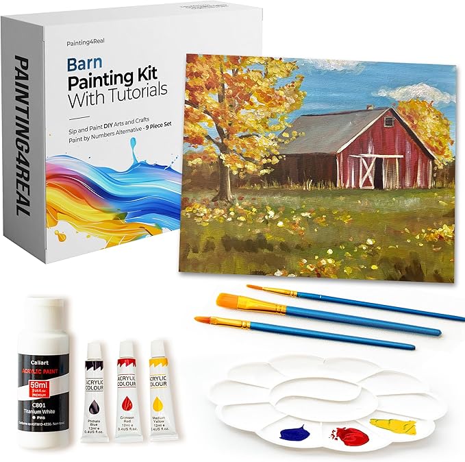 Painting4Real DIY Art Painting Kit for Adults – Learn to Paint Barn to The Peaks with Video Tutorials – 9 Pieces Acrylic Paint Set for Adults –Perfect Christmas Crafts & Holiday Gifts for Art Lovers