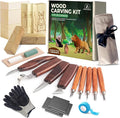 Wood Carving Kit – 28Pcs Whittling Knife Set with 9 Knives, Basswood Blocks w/Carved Guides, Safety Gloves, Whetstone, Stropping Leather & Roll Bag – AMPARIA Premium Tools for Beginner & Professional