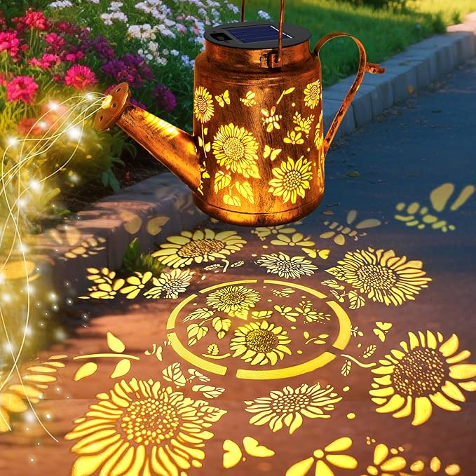 VOOKRY Solar Lights Outdoor Waterproof, Sunflower Metal Solar Watering Can Lights, Birthday Gifts for Women Mom Grandma Christmas, Hanging Garden Decor Yard Light for Outside Patio Lawn Porch