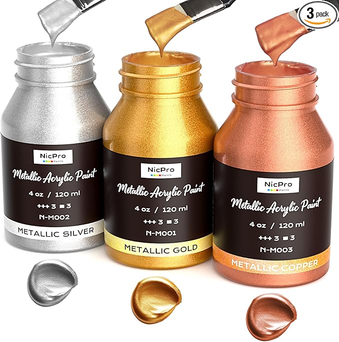 Nicpro Acrylic Paint Metallic, 3 Colors Gold, Silver, Copper 12oz/360ml Gold Leaf Paint, Non Toxic, Non Fading for Art Painting, Handcrafts, Ideal for Multi-surface, Canvas, Wood, Clay, Metal