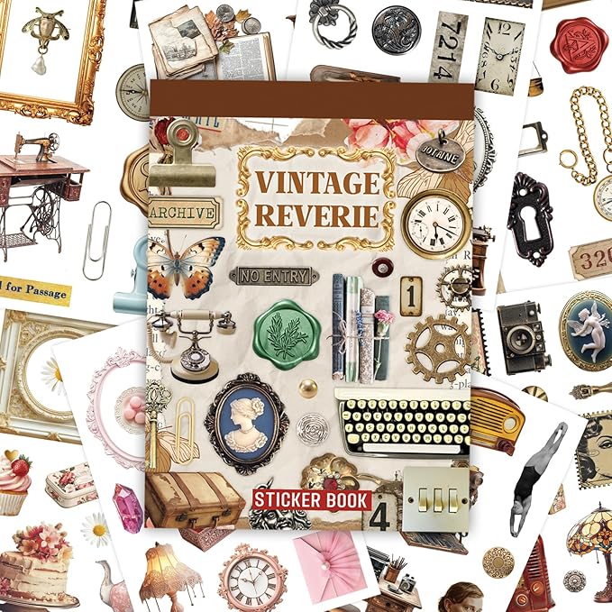 Vintage Sticker Book with 30 Pages and 300+ Aesthetic Stickers for Scrapbooking Supplies and Retro Bullet Journal