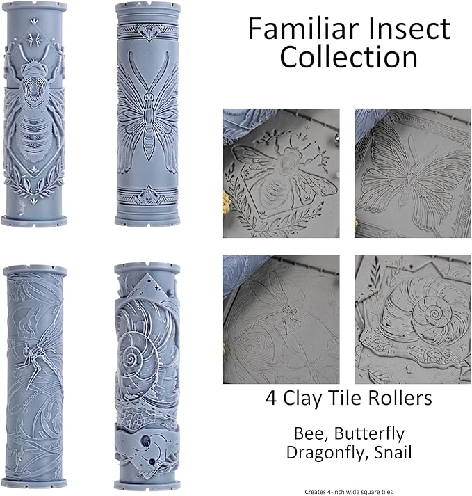 Familiar Insect Collection Clay Texture Rollers 4-Pack (4") - Insect Set #01 - Embossing Pattern Rollers for Polymer & Ceramic Clay, Pottery & Crafts