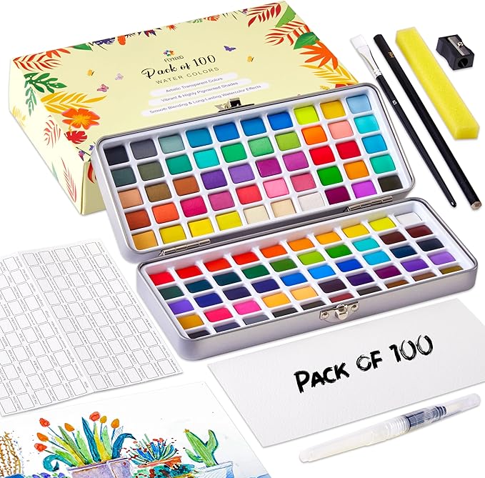 Professional Watercolor Paint Set – 100 Colors Including Metallic, Neon & Candy Shades, Complete Travel Art Kit with Premium Brushes, Palette, Velvet Bag & Accessories
