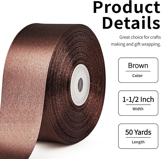 1-1/2 Inch Wide Brown Satin Ribbon, 50 Yards Solid Polyester Fabric Ribbon for Roses Making, Gift Wrapping, Valentine's Day, Wedding Decorations, Crafts, Bows