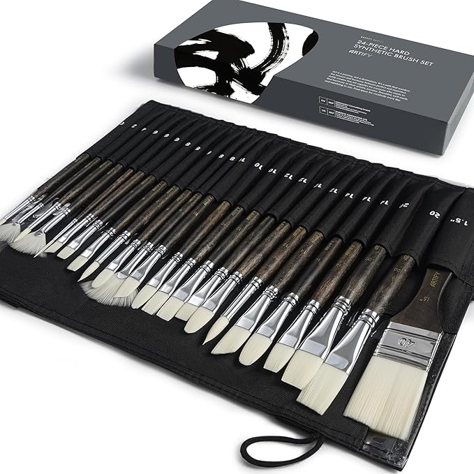 ARTIFY 24 Pieces Synthetic Hog Bristle Nylon Paint Brush Set- Expert Series Paintbrushes for Acrylic, Oil – No Shedding, Canvas Roll Case, Artist Gifts Art Supplies