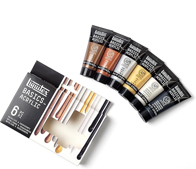 Liquitex BASICS Acrylic Paint Set, 6 x 22ml (0.74-oz) Tube Paint Set, Metallic & Iridescent