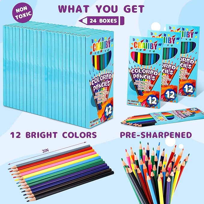 Premium Colored Pencils, Soft Core, 288 Count (Pack of 24), 12 Colors Pre-sharpened Color Pencils Bulk, Back to School Supplies, Classroom Prizes (24)