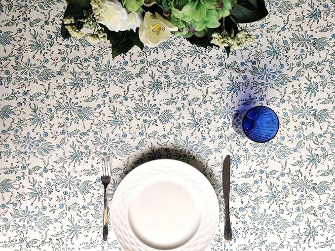ATOSII Aster Blue 100% Cotton Rectangle Boho Fall Tablecloth, Handblock Floral Block Print Table Cloth Linen for Kitchen Dining I Parties Christmas New Year Gifting I 72 X 140 Inches I 12 Seater