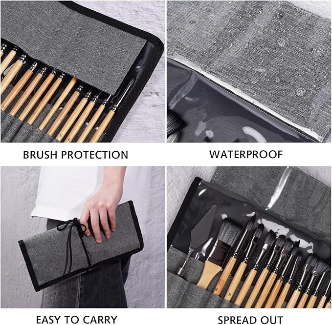 25PCS H&B Paint Brush Set, Travel Watercolor Acrylic Painting Brushes with Canvas Roll & Palette Knife, Professional Artist Brush Kit for Oil, Acrylic Canvas Paintings(Black)