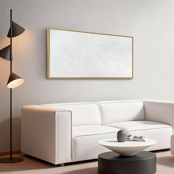 Large 100% Handmade Abstract Oil Painting with Frame Modern Original Hand Painted White Texture Framed Canvas Wall Art Minimalist Sea Wave Large Artwork for Living Room Bedroom Office 48x24in