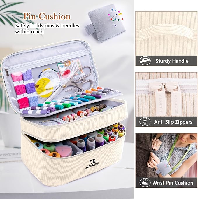 AMOIGEE Double-Layer Sewing Accessories Organizer with Pin Cushion – Large Sewing Storage Bag for Thread, Notions & Tools – Portable Travel Sewing Tote for Quilting, Embroidery & Crafts Gift (BagOnly)