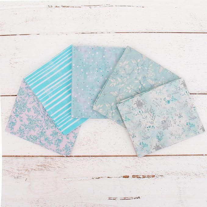 Threadart Exclusive 5 Fat Quarter Bundles - Light Aqua Vintage Prints 100% Cotton Fabric - Premium 100% Cotton Quilting Fabric - No Duplicates - Full Size Fat Quarters 18"x21" - Light Aqua