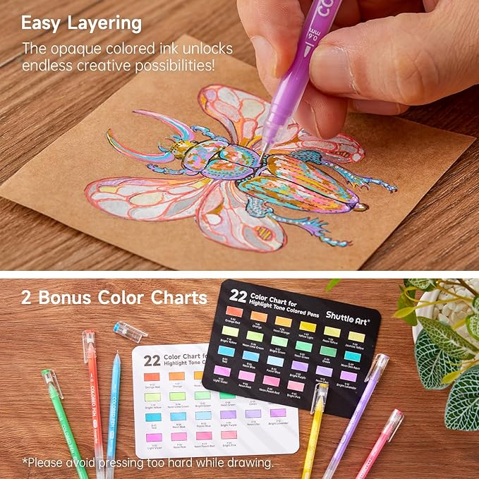 Shuttle Art Colored Pens, 22 Highlight Tone Colors Cute Journal Pens 0.6mm Fine Point Colored Gel Pens for Black Paper Adult Coloring Writing Drawing Journaling Note Taking School Office Home