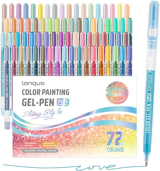 Glitter Gel Pens, 72 Pack Colored Pens for Black Paper & White Paper, 1.0mm Point Pens, Large Capacity Ink Pens for Coloring, Writing, Drawing, Journaling, Note Taking, Office, Home