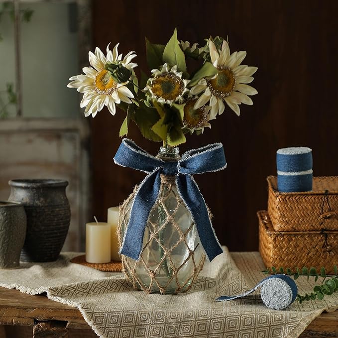 Pretty Jolly Blue Denim Ribbon for Crafts Handmade Rustic Frayed Cotton Jean Fabric Ribbon for Flower Bouquet 15 Yards 1 Inch Cloth Ribbons for Gift Wrapping Hair Sewing Accessories Holiday Decor